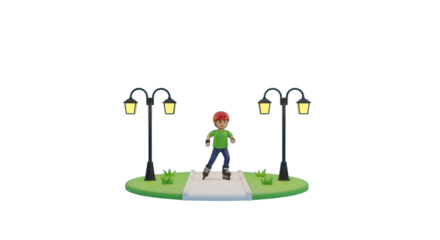 Cartoon boy rollerblading in a park with lampposts