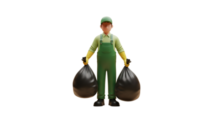 Cartoon Cleaner Holding Trash Bags