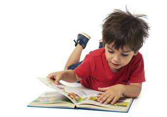 Intrigued young boy engrossed in a storybook adventure, lying on the floor