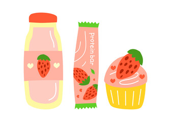 Cute hand drawn flat strawberry milk, protein bar and cupcake isolated on white background. Strawberry desserts.