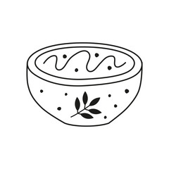 Cute hand drawn outline pumpkin creamy soup puree in bowl isolated on white background. Seasonal autumn food.
