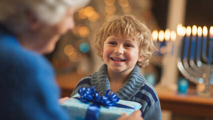 Hanukkah Celebration with Family – Child Receiving Gift During Jewish Festival of Lights