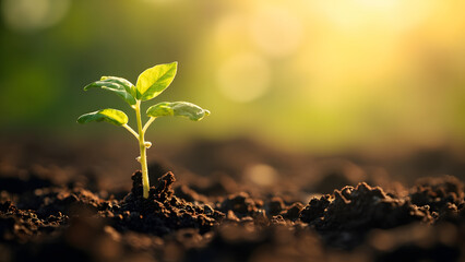 Realistic close-up of a young plant sprouting from fertile soil in morning light, symbol of growth, renewal and sustainability