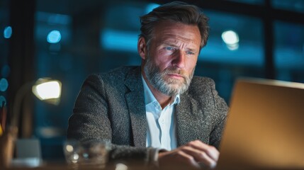 focused busy mature business man lawyer ceo trader using computer typing working in modern office room doing online data market analysis thinking planning tech strategy looking at laptop no logos no 