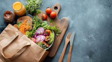 healthy meal slimming diet plan daily ready menu background organic fresh dishes and smoothie fork knife on paper eco bag as food delivery courier service at home in office concept close up view no l