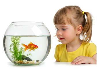 Young child fascinated by a goldfish swimming in a clear round fishbowl aquarium