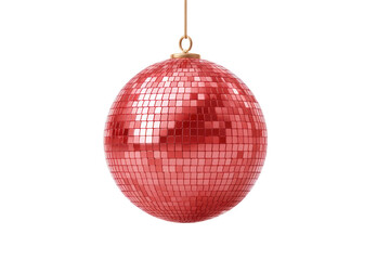 Shiny red disco ball ornament with gold hanging cord on black background, cut out