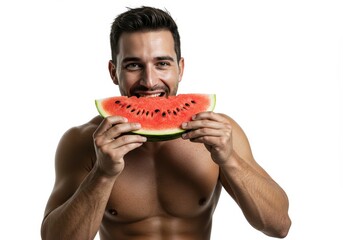 Athletic Man Enjoying a Refreshing Slice of Watermelon on a White Background