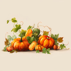 Colorful collection of autumn pumpkins with green vines and leaves on a neutral background
