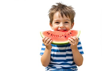 Joyful little boy with beaming smile enjoying a big slice of watermelon