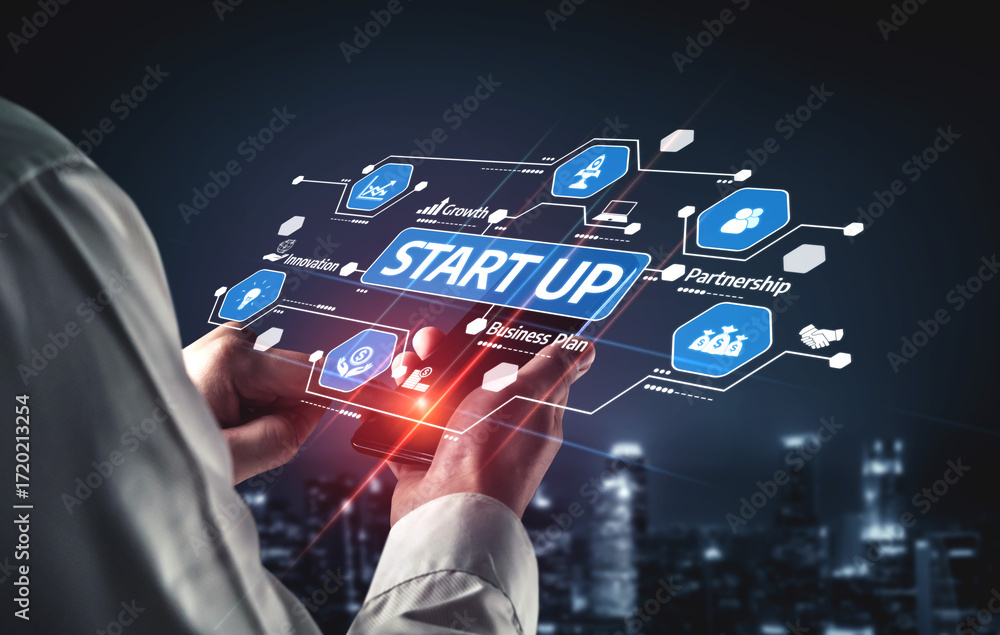 Poster a businessman interacts with a digital interface showcasing startup concepts and networking icons, s