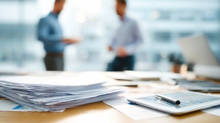 business documents on office table with smart phone and laptop computer and graph financial with social network diagram and three colleagues discussing data in the background no logos no brands ar 16