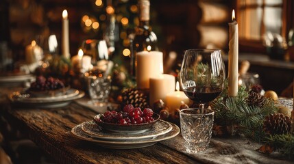 Fototapeta premium elegant christmas dinner table candles wine festive plates rustic wooden interior warm cozy holiday celebration family gathering decor photography 