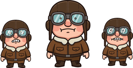 Cartoon vintage aviator characters in flight gear with goggles and jackets, whimsical vector illustration for aviation-themed stock contentCartoon vintageillustration for aviation-themed stock content