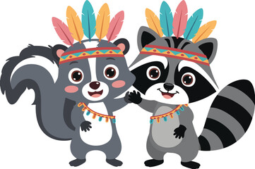 Naklejka premium Roxie the Rowdy Raccoon Energetic, cute double Little indian racoon Boho Baby Clipart Bundle Boho Animals
