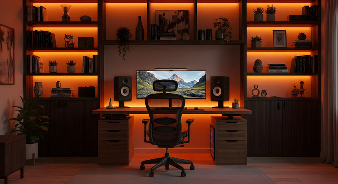 Modern home office setup with ambient orange lighting, a comfortable chair, and a large monitor.