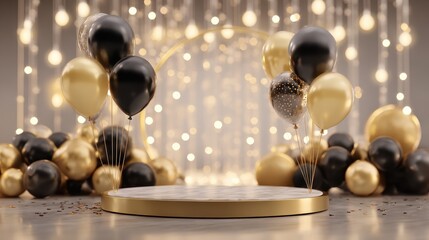 a festive scene with gold and black balloons against a backdrop of twinkling lights and a gold stand