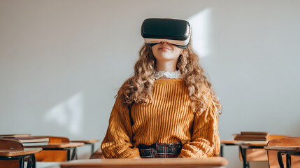 A student wearing a virtual reality headset in a classroom setting