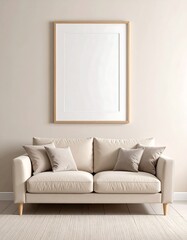 Elegant living room with cream sofa and tall blank picture frame mockup couch interior