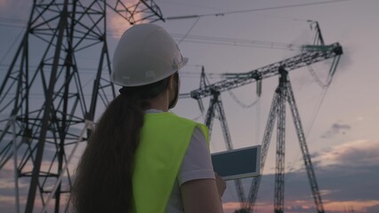 young specialist woman in hardhat. electrical engineer controls work by tablet at sunset. concept electric towers. woman power engineer at work. electric towers at sunset. electrical engineer concept.