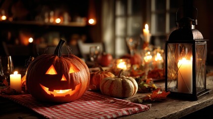 heres a description and keywords for your stock photo a jackolantern glowing with candlelight on an autumn table setting illustration