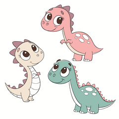 Three adorable cartoon baby dinosaurs with big eyes in pink beige and teal colors on a white background