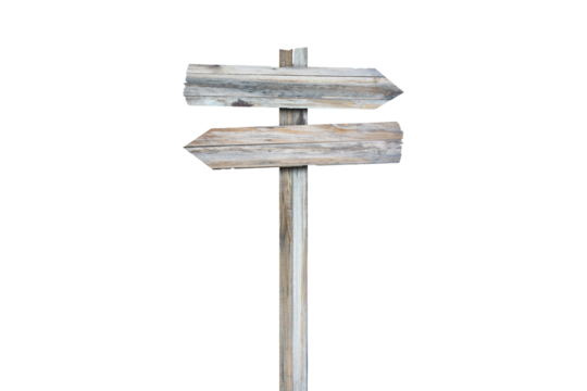 Old wooden left arrow road sign isolated
