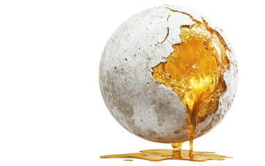 Floating cracked moon leaking golden honey in a surreal artistic vision symbolizing sweetness mystery and imaginative fantasy isolated on transparent background PNG