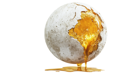 Floating cracked moon leaking golden honey in a surreal artistic vision symbolizing sweetness mystery and imaginative fantasy isolated on transparent background PNG
