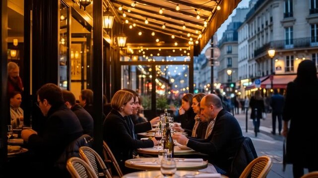 Cozy Parisian caf? scene at dusk with diners enjoying wine and conversation under string lights