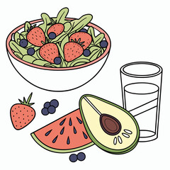 Fresh and healthy fruit salad with strawberries blueberries watermelon avocado and a glass of water