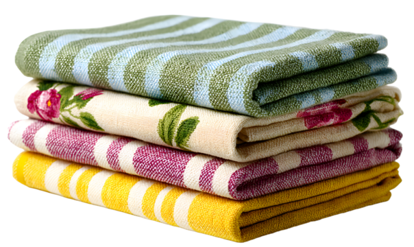 Assorted set of folded tea towels isolate on white background, set includes striped, floral and plain cotton fabrics, kitchen textile isolate concept for cooking and home decor