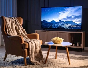 Empty comfortable armchair with blanket and a bowl of popcorn in front of a big plasma tv in the room, ready for movie watching. 