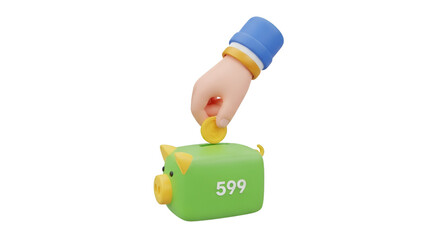 Hand Inserting Coin into Green Piggy Bank with Number 599