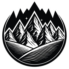 Minimalist mountain range with night sky and stars, vector illustration