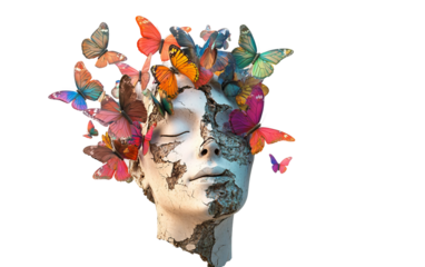Floating cracked statue head leaking colorful liquid as a surreal artistic concept symbolizing imagination transformation and creativity isolated on transparent background PNG