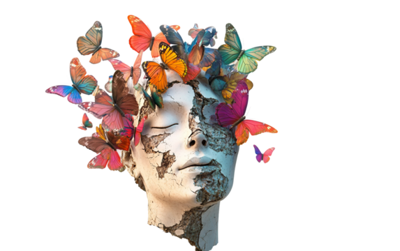 Floating cracked statue head leaking colorful liquid as a surreal artistic concept symbolizing imagination transformation and creativity isolated on transparent background PNG