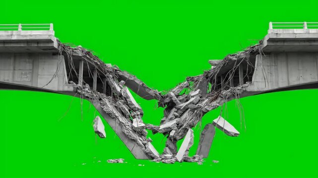 Collapsed Highway Bridge Green Screen - A 3D video of a collapsed highway bridge against a green screen background. The bridge is shown in pieces, showcasing the destruction.