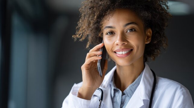 smiling african american female doctor physician holding cell phone talking on mobile at work healthcare professional answering call giving remote consultation on smart phone making appointment notes