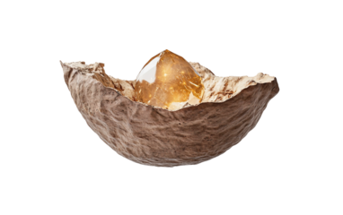 Floating cracked walnut revealing shining treasure inside as a surreal artistic vision symbolizing mystery discovery and imagination isolated on transparent background PNG