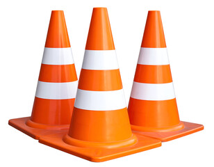 Three bright orange traffic cones with white stripes arranged in a triangular formation on a plain background.