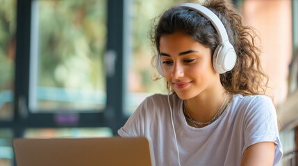 hispanic teen girl latin young woman school college student wear headphones learn watching online webinar webcast class looking at laptop elearning distance course or video calling remote teacher no 