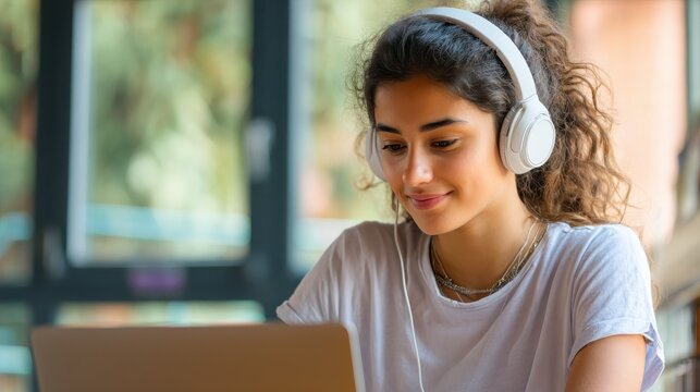 hispanic teen girl latin young woman school college student wear headphones learn watching online webinar webcast class looking at laptop elearning distance course or video calling remote teacher no 