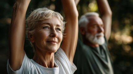 Elderly couple practicing yoga in nature with a focus on mindfulness and connection during a warm afternoon light