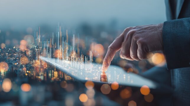 close up of businessman hand pointing at tablet with abstract digital business interface on blurry city background background technology finance success economy and growth concept double exposure no 