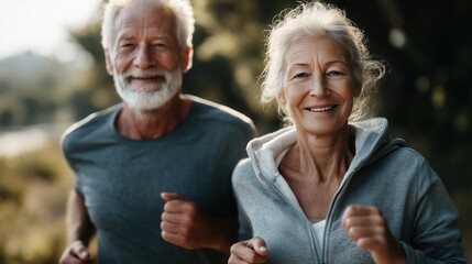 Elderly couple enjoying a leisurely jog in a sunlit park captured in slow motion with a handy camera