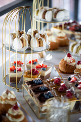 A variety of fresh dishes displayed on a buffet table at a catered event, featuring salads, appetizers, and hot meals arranged in a professional food service setup