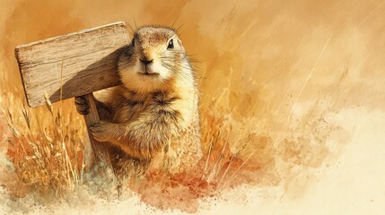 Cute prairie dog grasping blank wooden board, ideal for creative projects, signage, or humorous animal-themed designs.