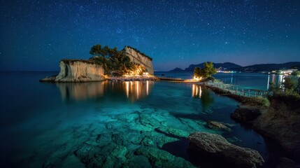 Obraz premium fantastic night view of the cameo island slendid spring scene on the port sostis zakinthos island greece europe beauty of nature concept background no logos no brands ar 169