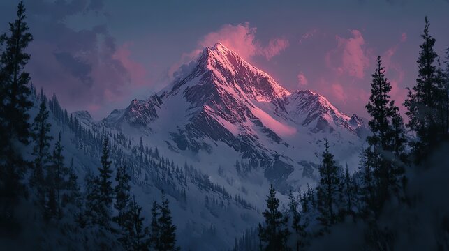 towering snow-covered mountain peak at dawn, soft pink alpenglow on the summit,